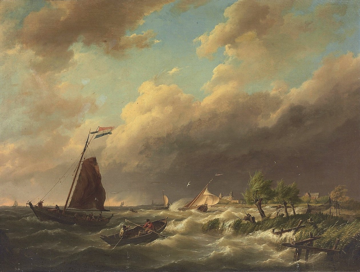 Stürmische Küstenszene mit Stadt im Hintergrund von Hermanus Koekkoek