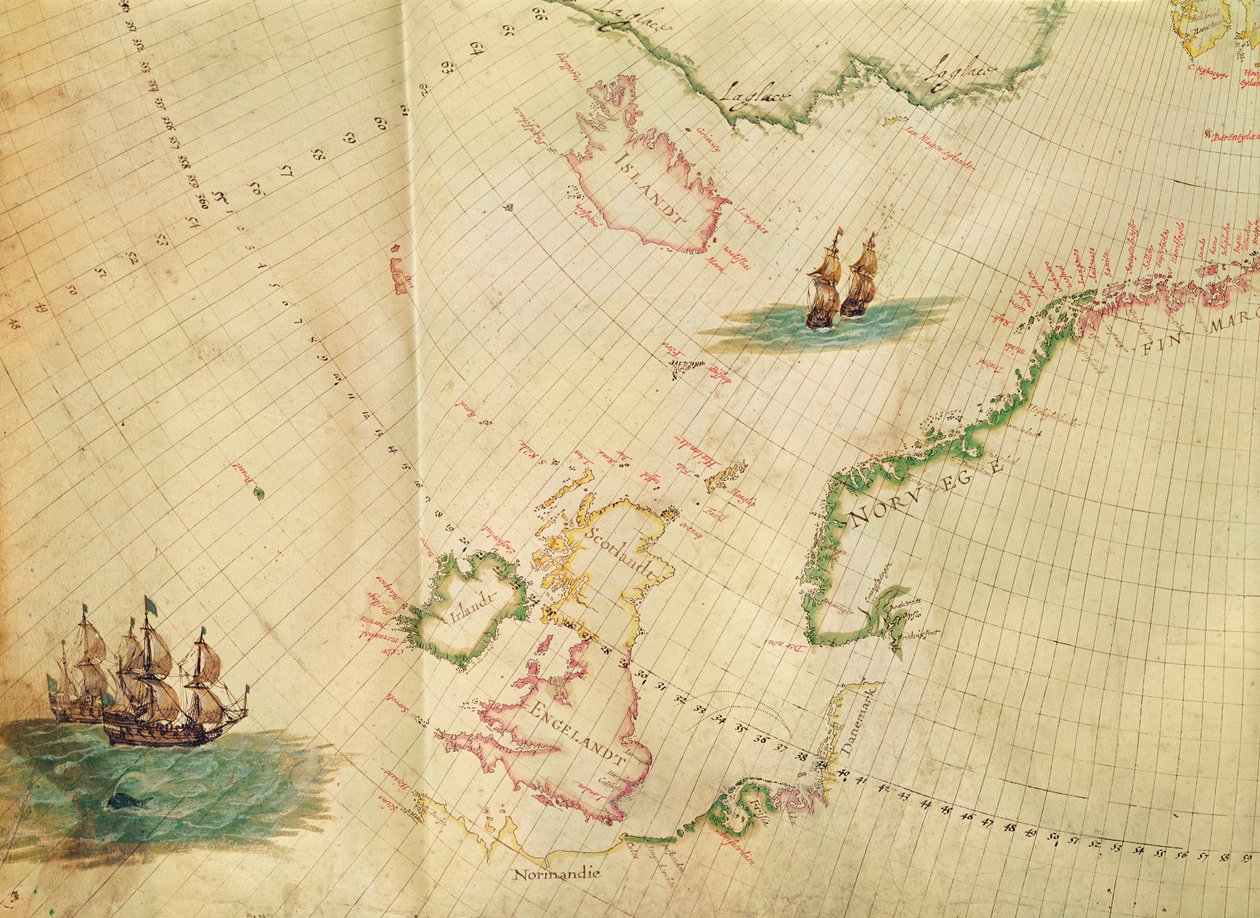 Die Polarlichter, Detail von England, Irland und Norwegen, aus einer Sammlung niederländischer Seekarten (Gravur) von Hessel Gerritsz