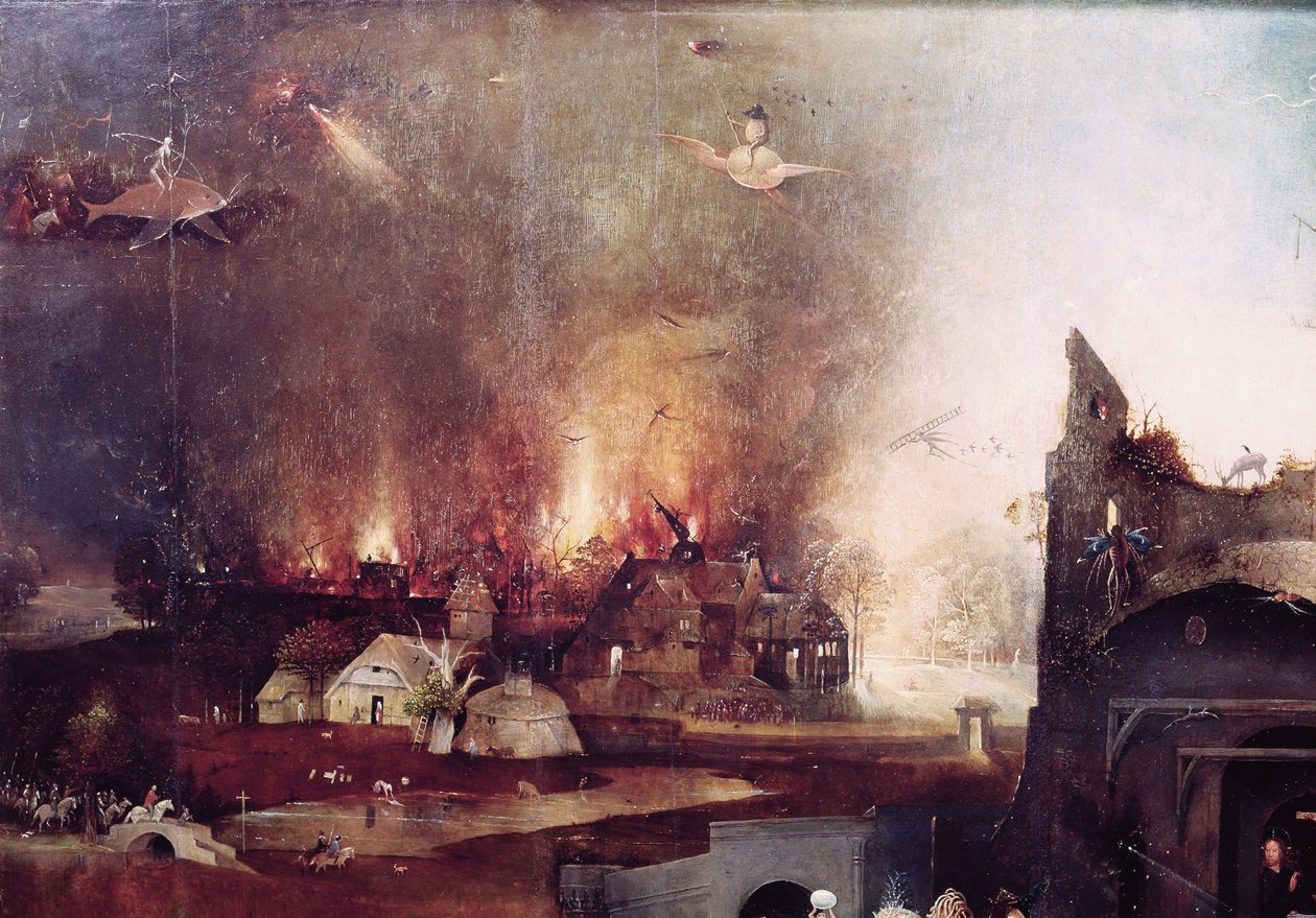 (Detail) Das Dorf in Flammen, vom zentralen Panel der Versuchung des heiligen Antonius von Hieronymus Bosch