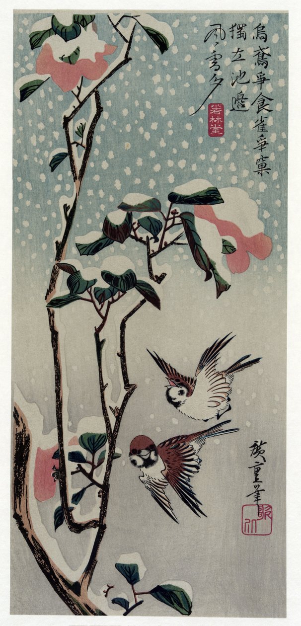 Spatzen und Kamelien im Schnee von Utagawa Hiroshige