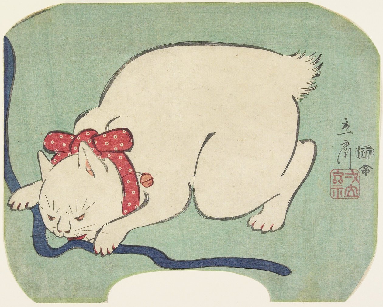 Eine weiße Katze spielt mit einer Schnur, 1863 von Hiroshige II