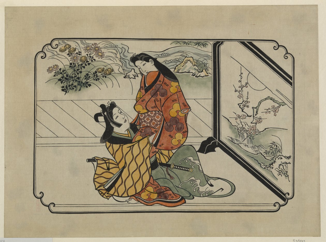 Handkolorierter Ukiyo-e-Druck Zwei Liebende vor einem bemalten Bildschirm von Hishikawa Moronobu