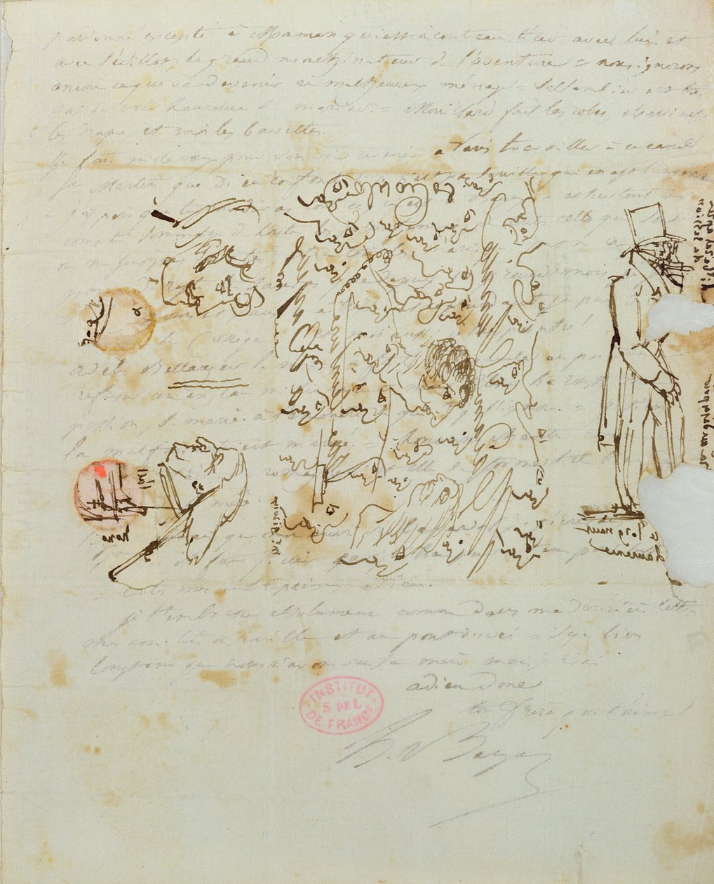 Brief mit Zeichnung an Balzacs Schwester Laure, 1821 (Feder und Tinte auf Papier) von Honore de Balzac