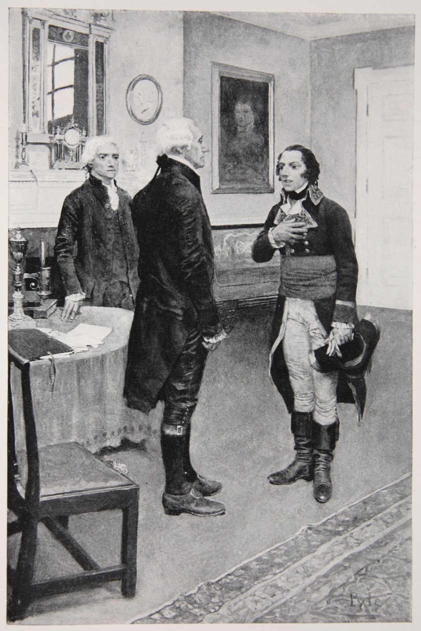 Bürger Genet wird formell Washington vorgestellt, 19. April 1793 von Howard Pyle