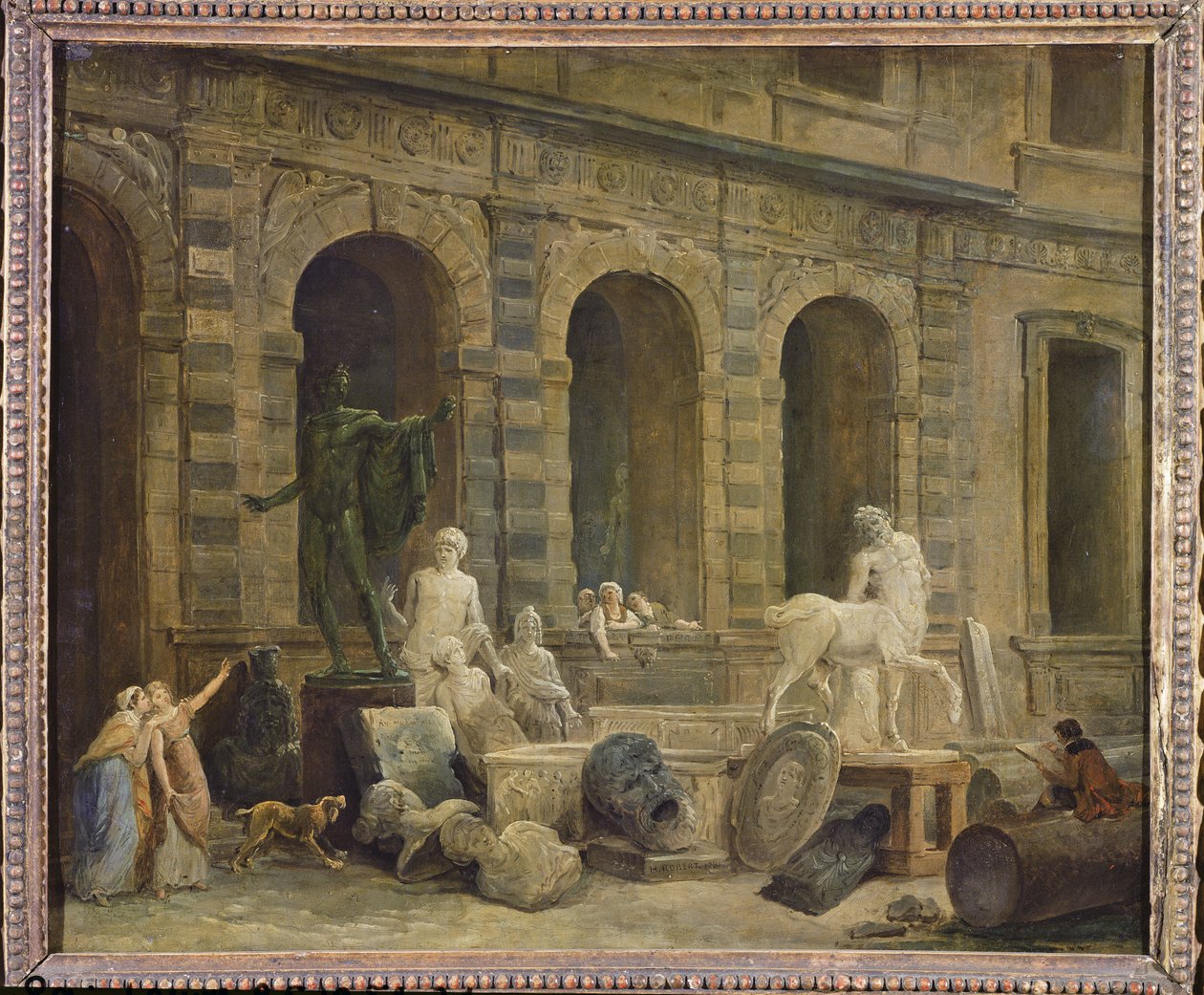Ein Mann zeichnet Antiquitäten vor der Petite Galerie des Louvre, 1781 von Hubert Robert