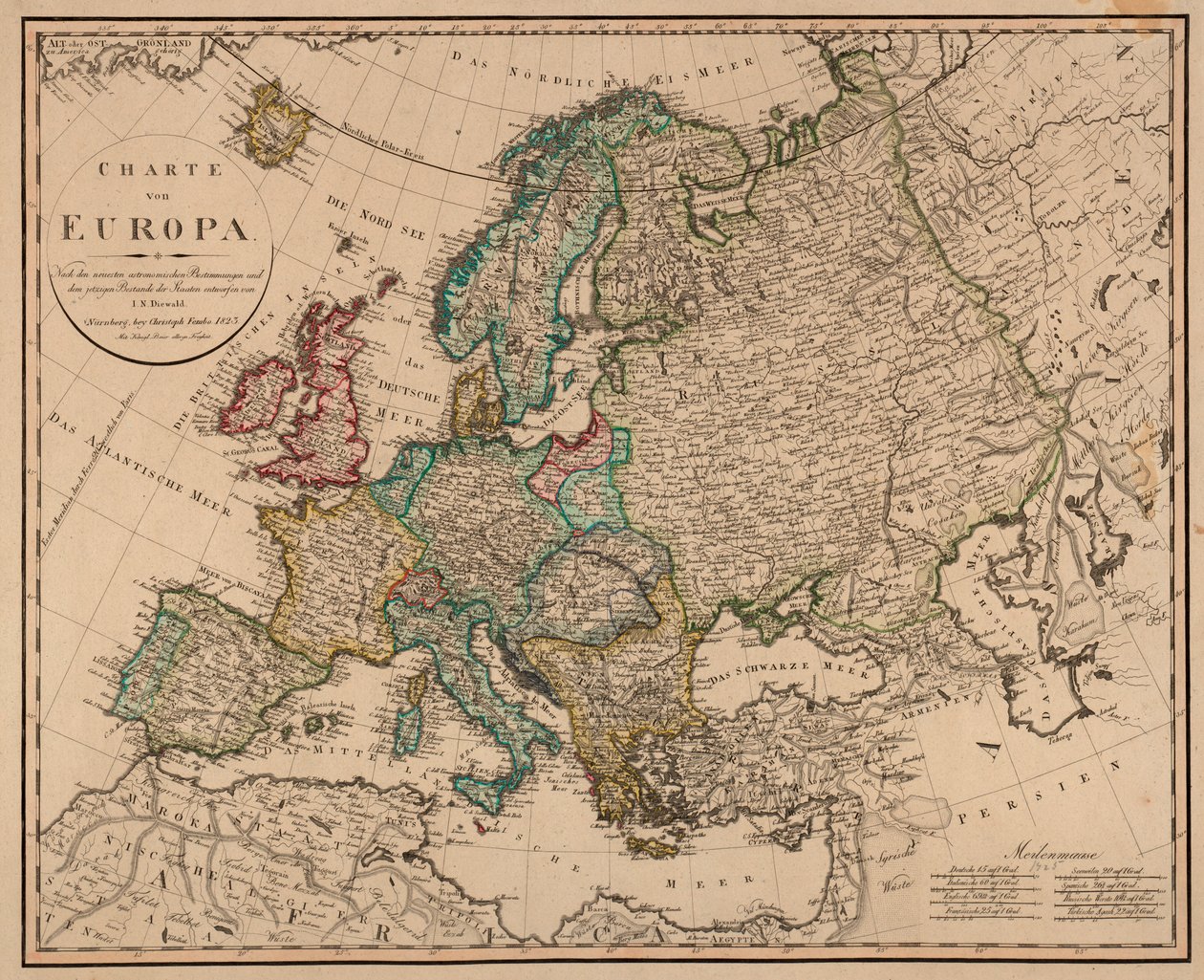 Die Karte wurde 1823 in Nürnberg bei Christoph Fembo veröffentlicht und zeigt Europa von I. N. Diewald