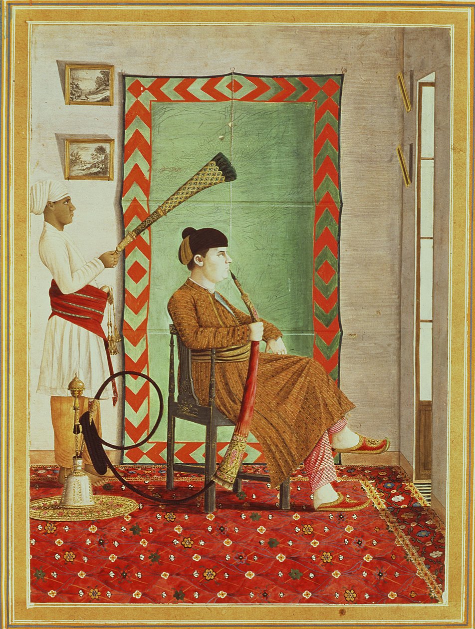 Porträt eines europäischen Gentlemans in indischer Kleidung, der vor einem offenen Fenster eine Wasserpfeife raucht, Lucknow, Company School von Indian School