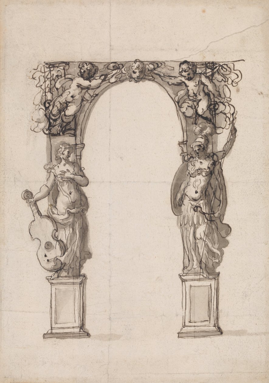 Entwurf für einen temporären Bogen, verziert mit Putti und allegorischen Figuren von Musik und Krieg von Inigo Jones