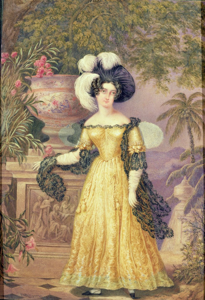 Lady Rowe, stehend, kleine Ganzfigur auf einer Terrasse, eine mondbeschienene jamaikanische Landschaft im Hintergrund von Isaac Mendes Belisario