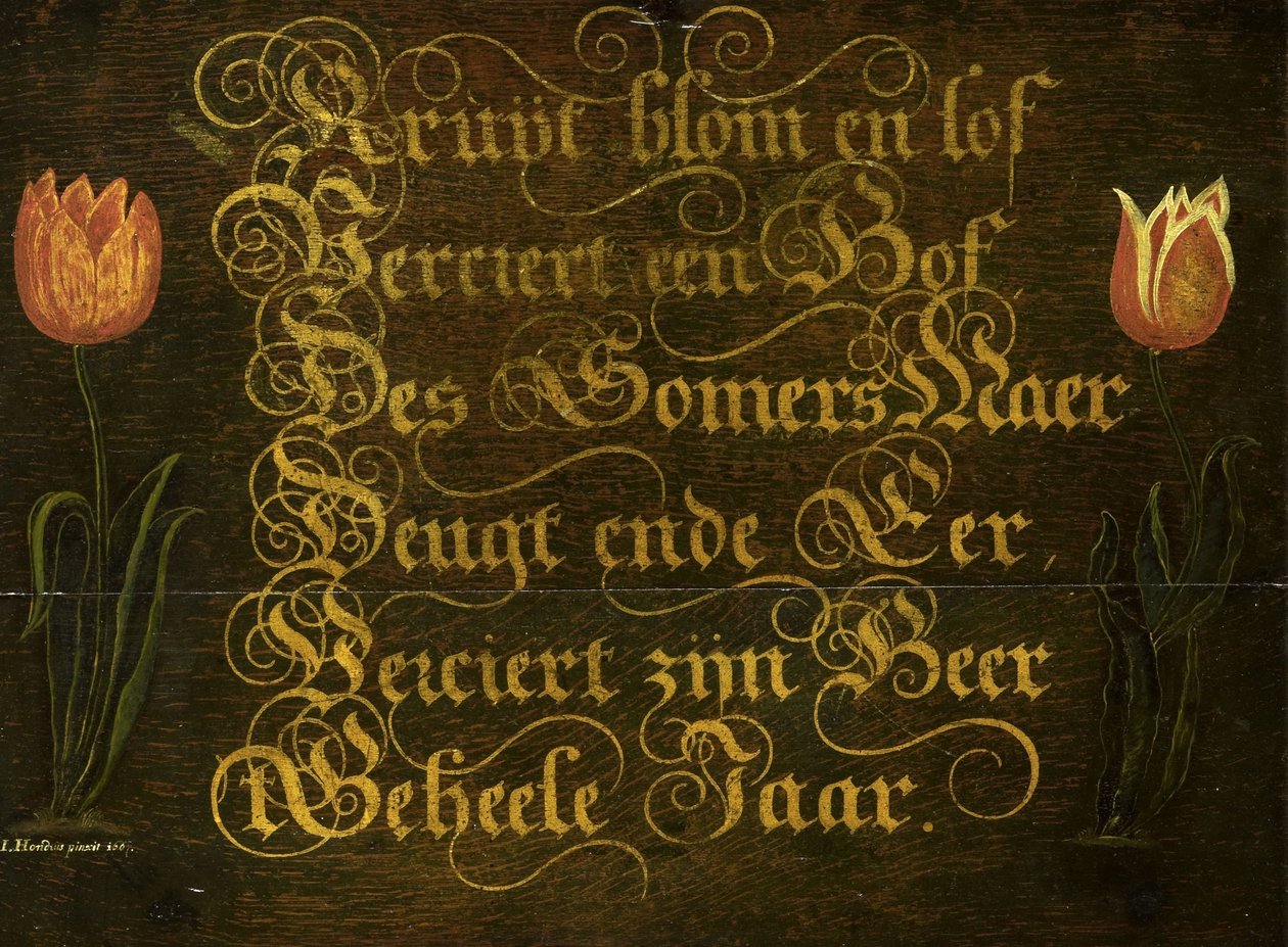 Eine kalligraphische Maxime, flankiert von Tulpen von Isaac Hondius