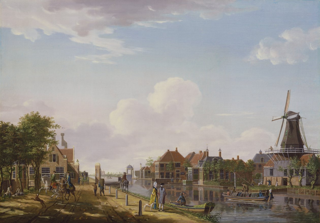Niederländische Kanalszene mit eleganten Figuren und einer Mühle, 1777 von Isaac Ouwater