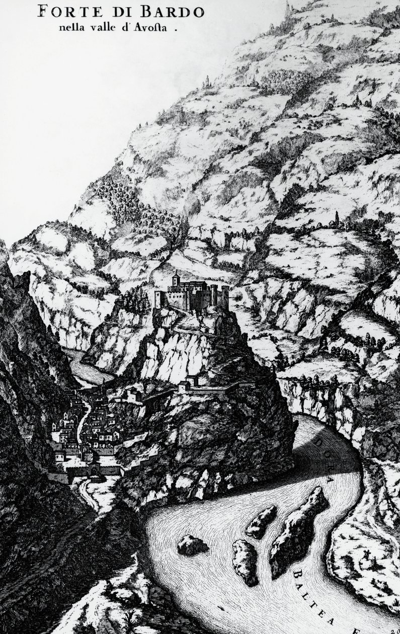 Fort Bard, Gravur aus Theatrum Sabaudiae von Italian School