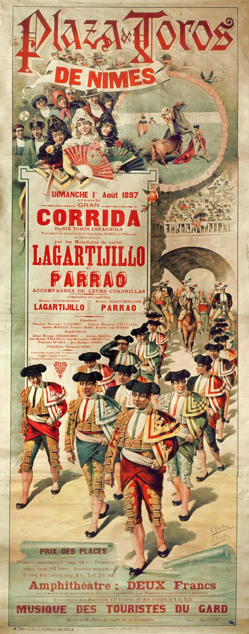 Plakat, das einen Stierkampf in der Plaza de Toros, Nimes, 1. August 1897, bewirbt, graviert von J. Ortega von J. and Pastor, E. Estellor