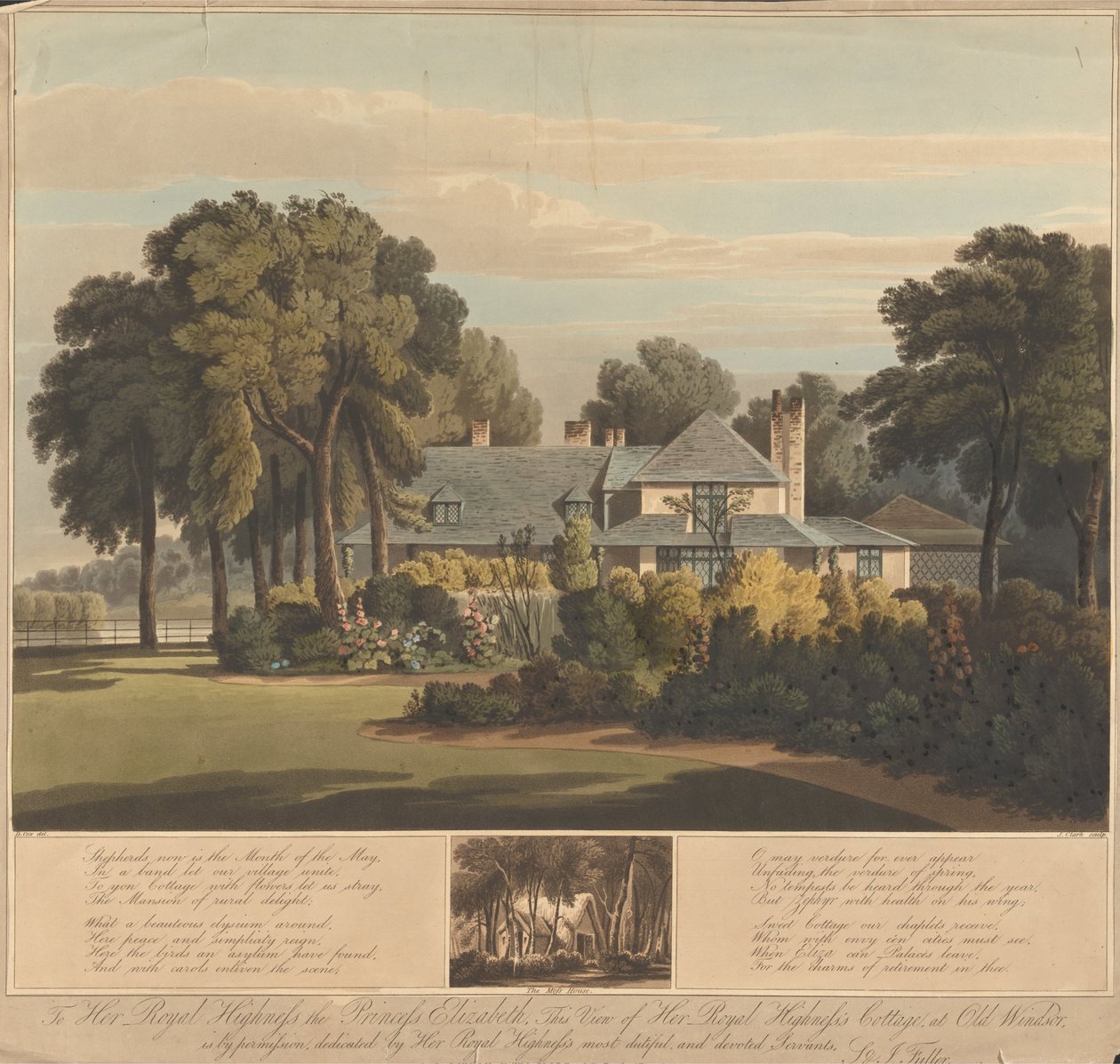 Ansicht des Cottage von HRH Prinzessin Elizabeth in Old Windsor mit Blick auf das Mooshaus darunter von J. Clark