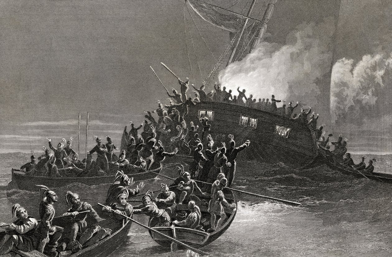 Zerstörung des Schoners Gaspe in den Gewässern von Rhode Island, 1772, graviert von J. Rogers von J. McNevin