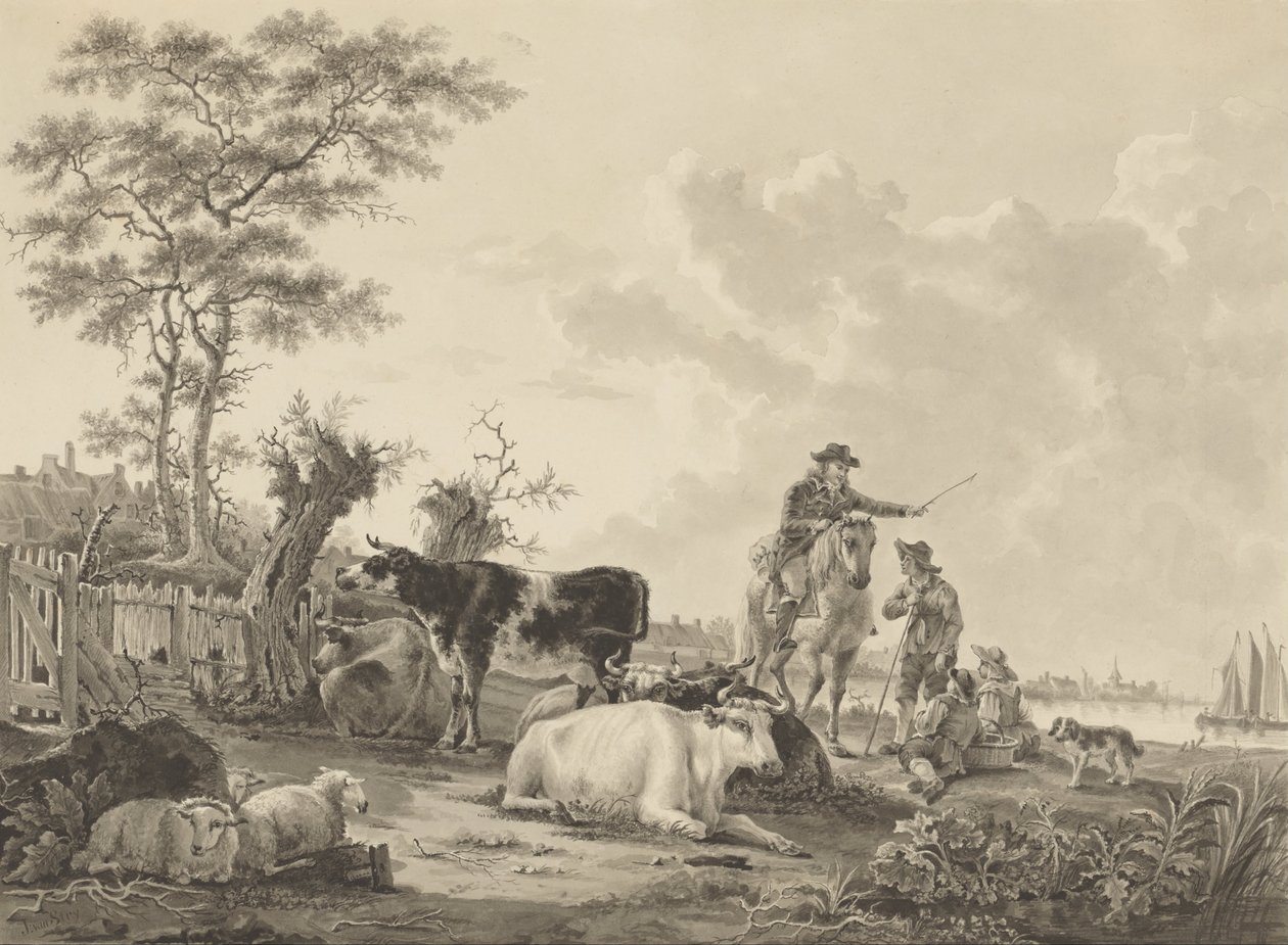 Landschaft mit Vieh, Schafen und Hirten von Jacob van Strij