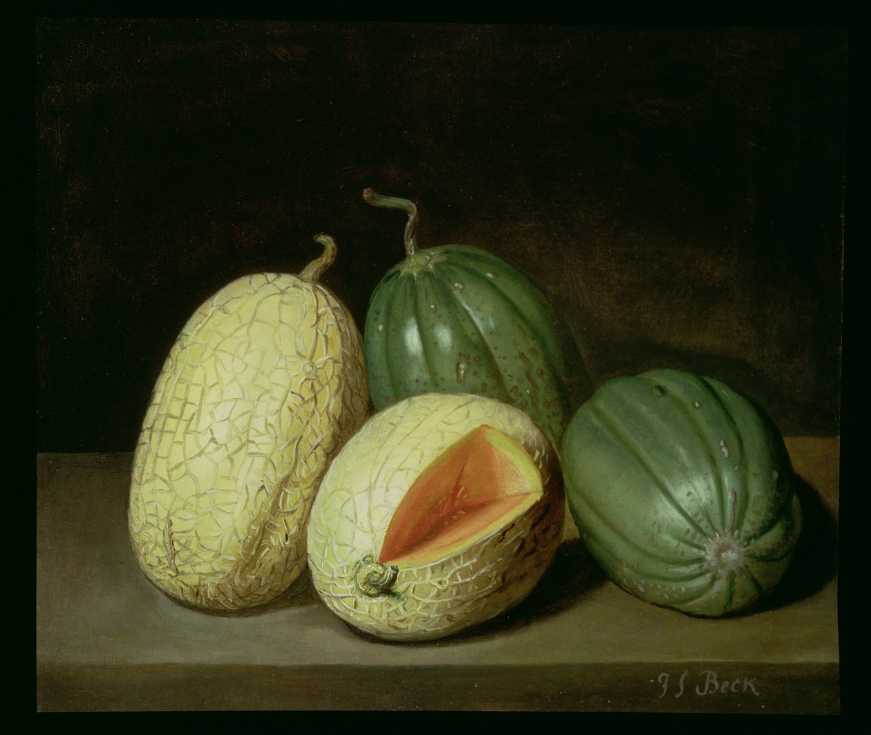 Stillleben mit Melonen auf einem Sims von Jacob Samuel Beck