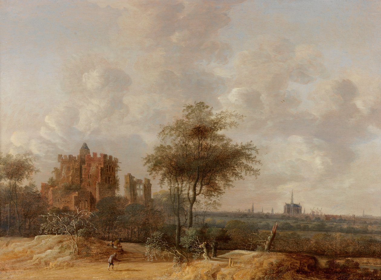 Landschaft mit der Ruine der Burg Brederode und einem fernen Blick auf Haarlem, 1655 von Jacob van der Croos