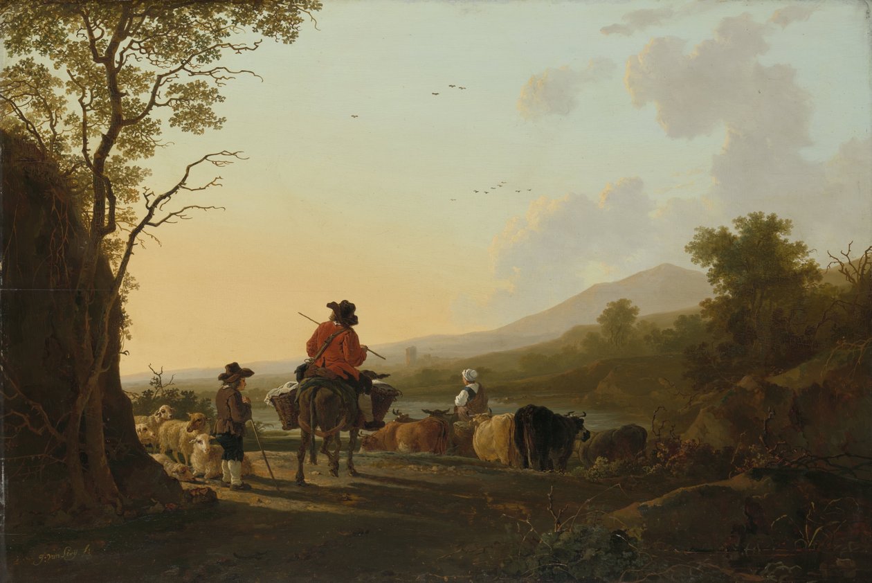 Landschaft mit Viehtreiber und Schäfer von Jacob van Strij