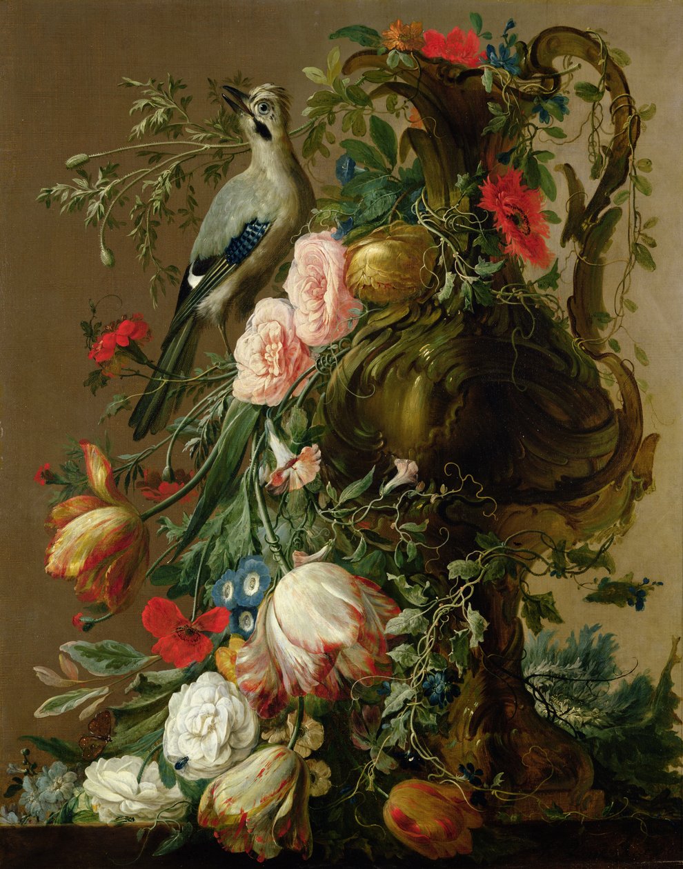 Ein gemeißelter Steinvase mit Rosen, Aurikel, Mohnblumen, Winde, mit einem Eichelhäher auf einem Sims, 1760 von Jacobes Vonck
