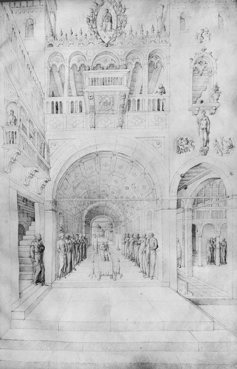 Tod der Jungfrau in der reichen Architektur eines venezianischen Palastes, aus dem Album von Jacopo Bellini von Jacopo Bellini