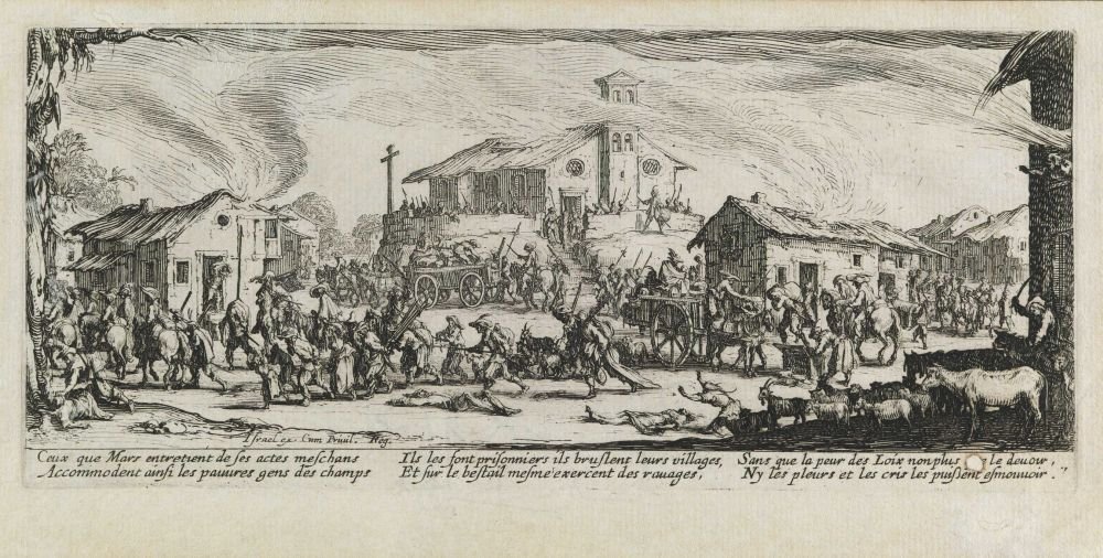 Plünderung und Brand eines Dorfes Les miseres et les mal-heures de la guerre, pl. 7 von Jacques Callot