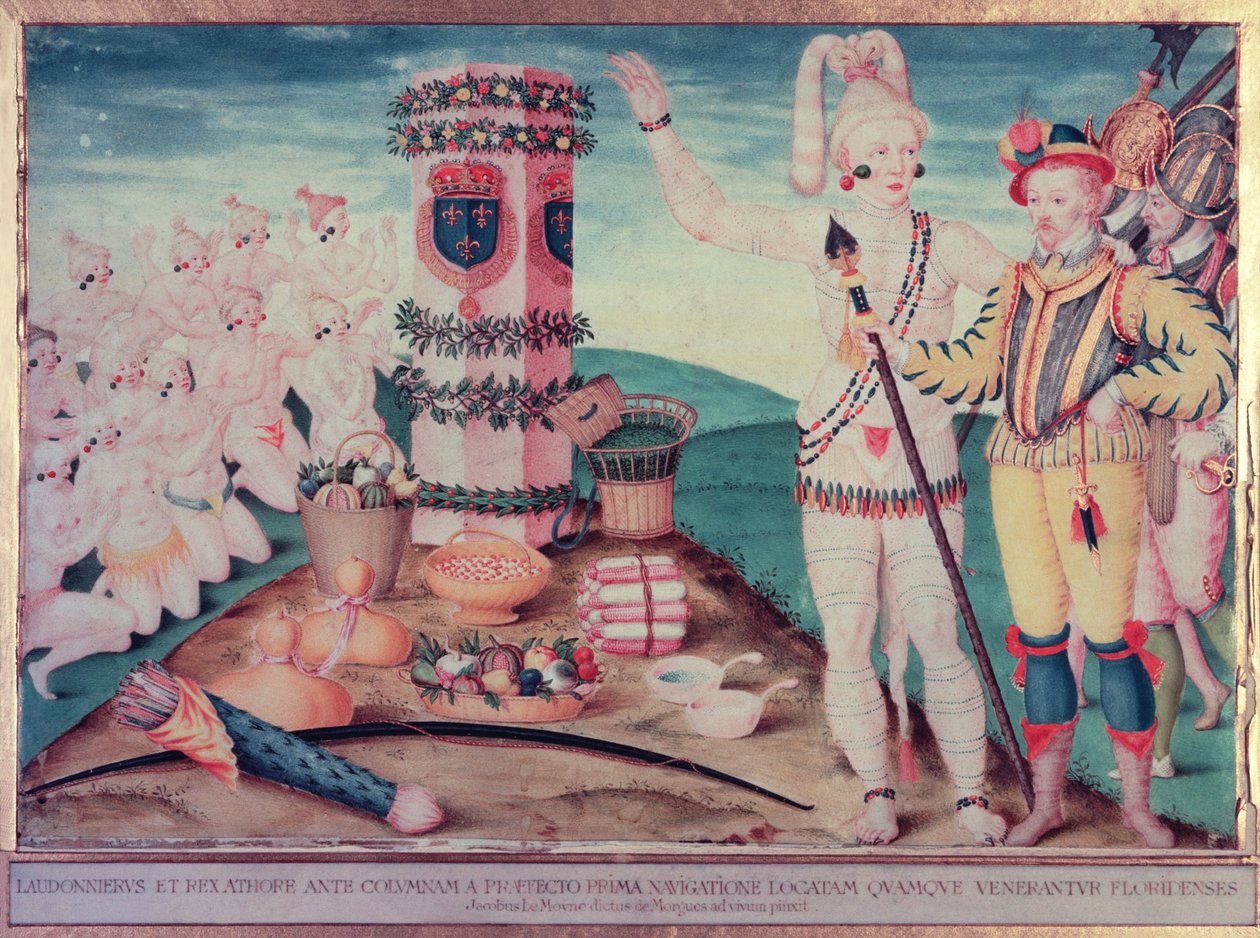 Rene Goulaine de Laudonniere und Häuptling Athore vor Ribaults Säule von Jacques Le Moyne
