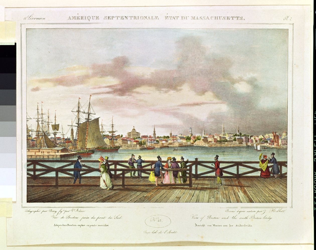 Ansicht von Boston und der South Boston Bridge, um 1829 von Jacques Milbert