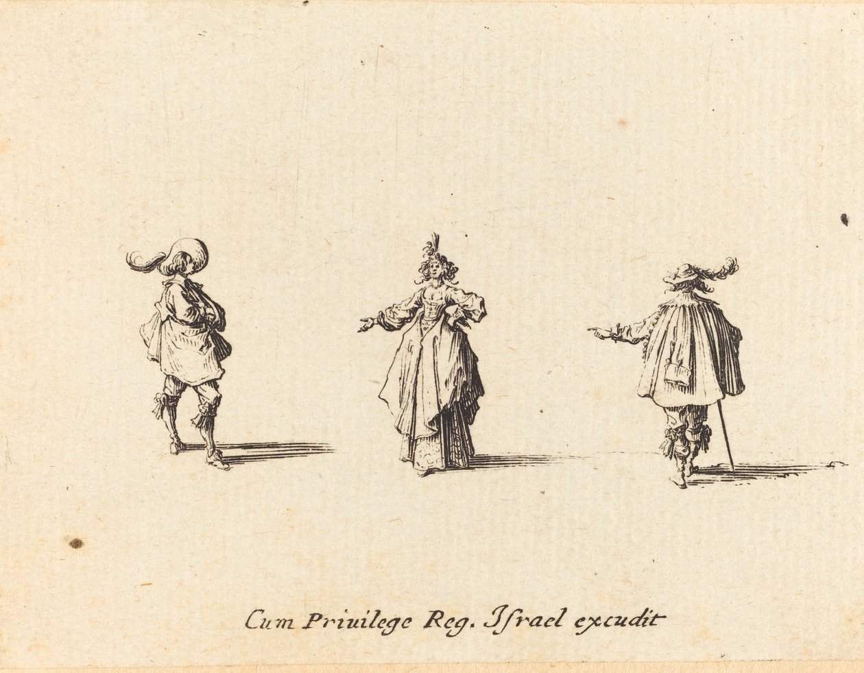 Dame mit ausgestrecktem Arm und zwei Herren von Jacques Callot