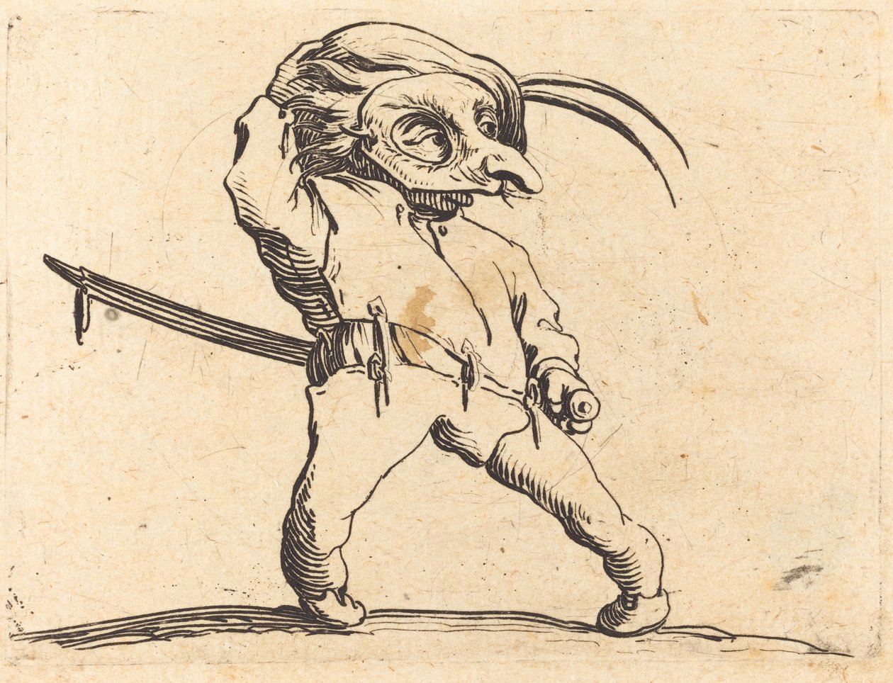 Maskierter Mann mit verdrehten Füßen, ca. 1622 von Jacques Callot