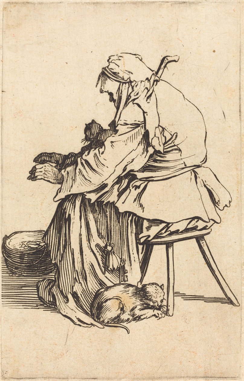 Alte Frau mit Katzen von Jacques Callot