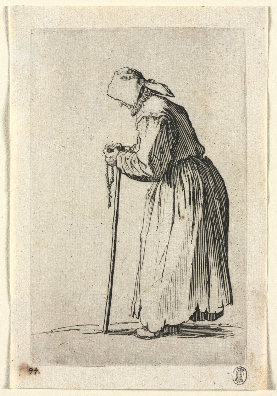 Die Bettler: Bettlerin mit Rosenkranz von Jacques Callot
