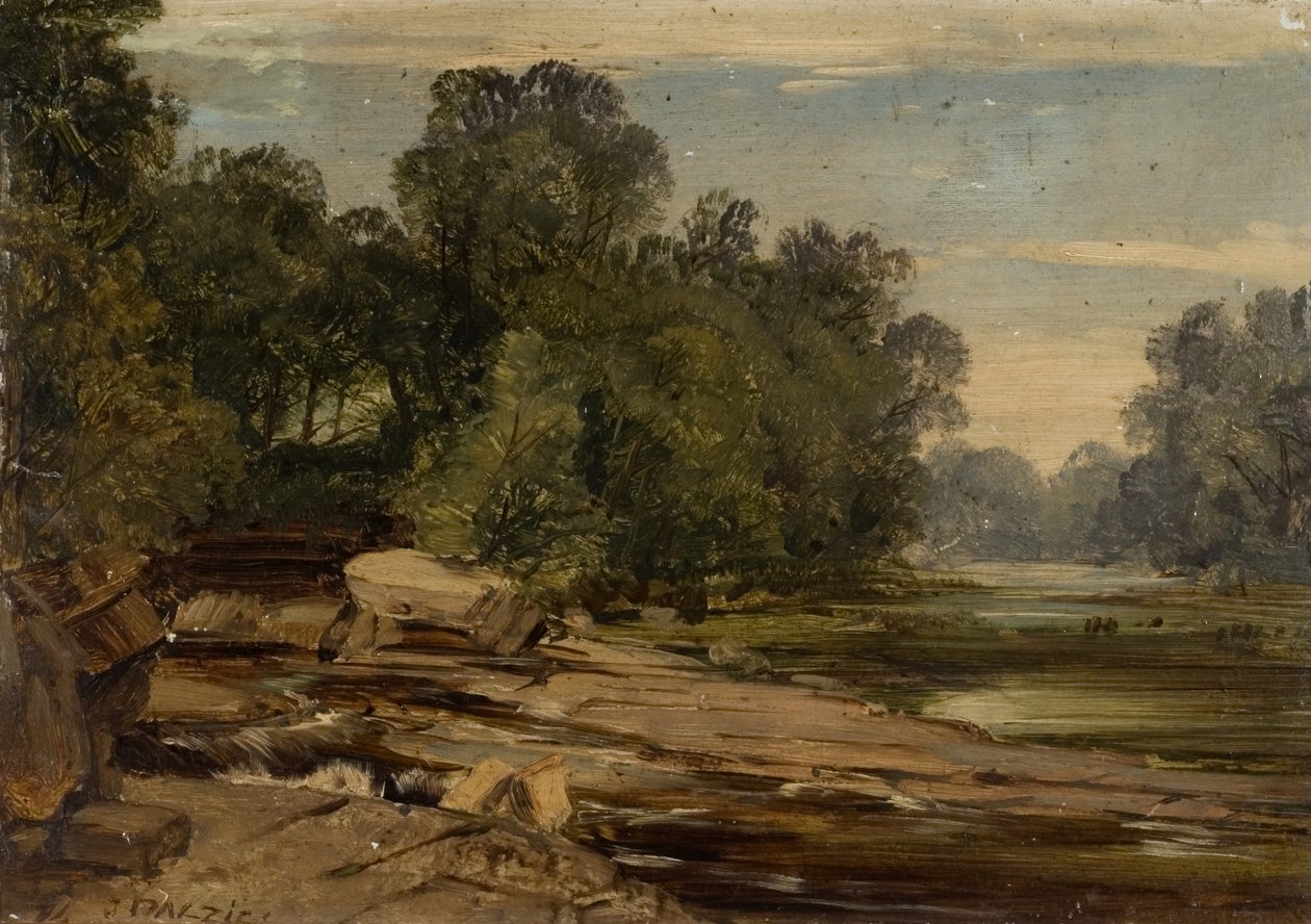 Flusslandschaft mit Felsen und Bäumen von James B. Dalziel