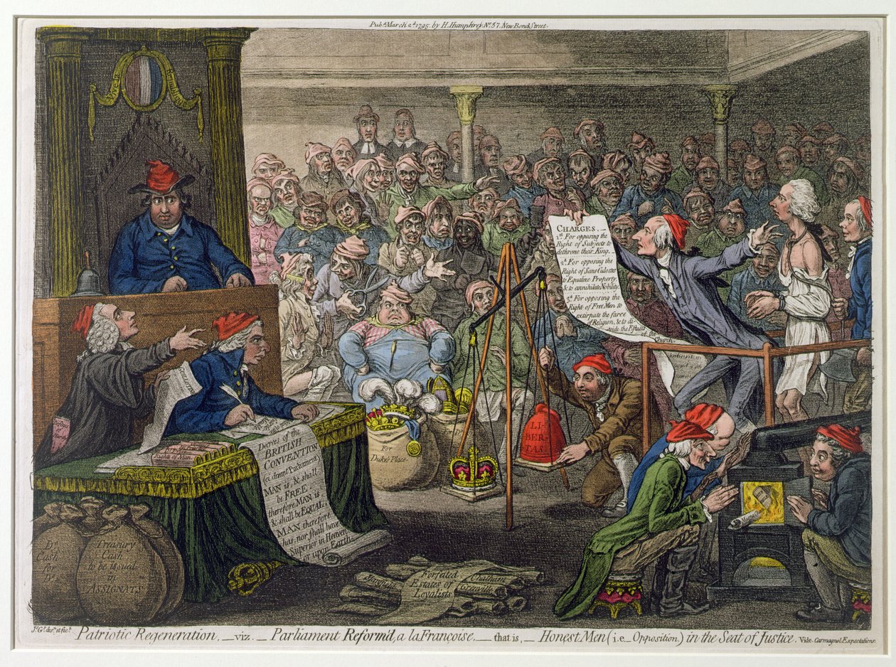 Patriotische Regeneration, -Viz.- Parlamentsreform à la Francoise, - Das heißt - Ehrliche Männer (d.h. Opposition) im Sitz der Gerechtigkeit, veröffentlicht von Hannah Humphrey in 1795 von James Gillray
