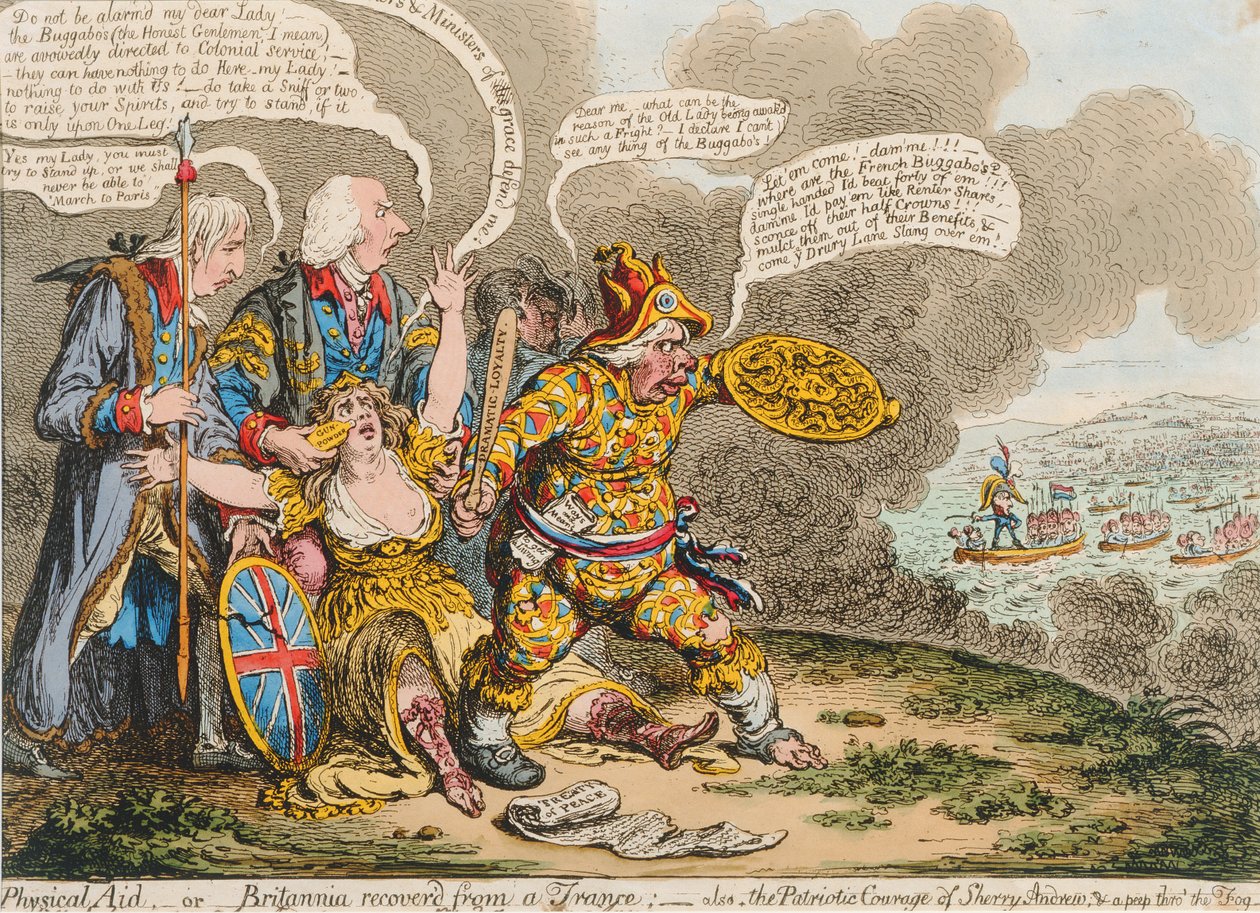 Physische Hilfe oder Britannia aus einer Trance erholt: auch, Der patriotische Mut von Sherry Andrews und ein Blick in den Nebel, veröffentlicht von Hannah Humphrey im Jahr 1803 von James Gillray