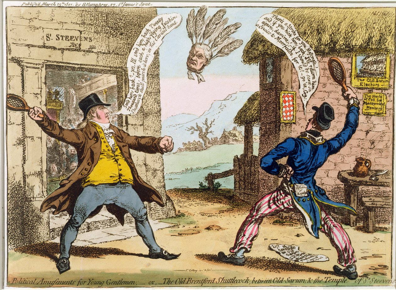Politische Vergnügungen für junge Herren, oder Der alte Brentford-Federball, zwischen Old Sarum und dem Tempel von St. Steevens, veröffentlicht von Hannah Humphrey im Jahr 1801 von James Gillray
