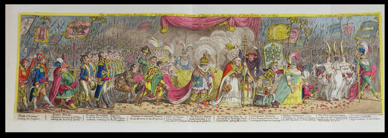 Die große Krönungsprozession Napoleons, des 1. Kaisers von Frankreich, von der Kirche Notre-Dame, 2. Dezember 1804, veröffentlicht 1805 von James Gillray