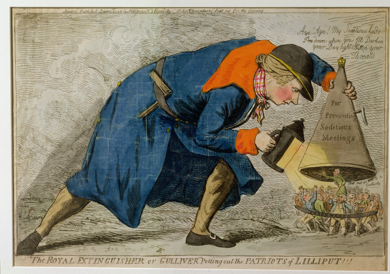 Der königliche Feuerlöscher oder Gulliver löscht die Patrioten von Lilliput, veröffentlicht von S.W. Fores im Jahr 1795 von James Gillray