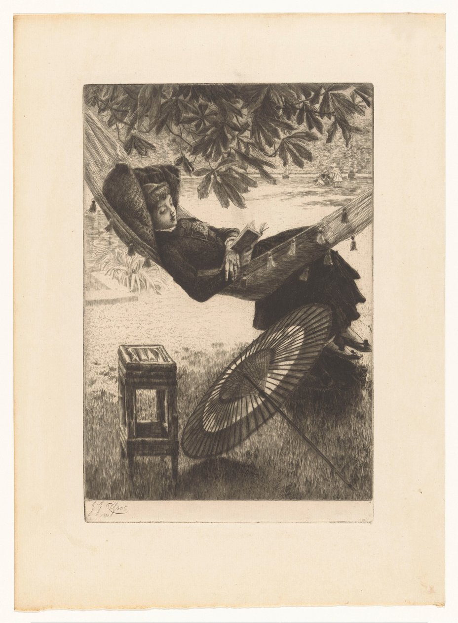 Junge lesende Frau in einer Hängematte von James Tissot