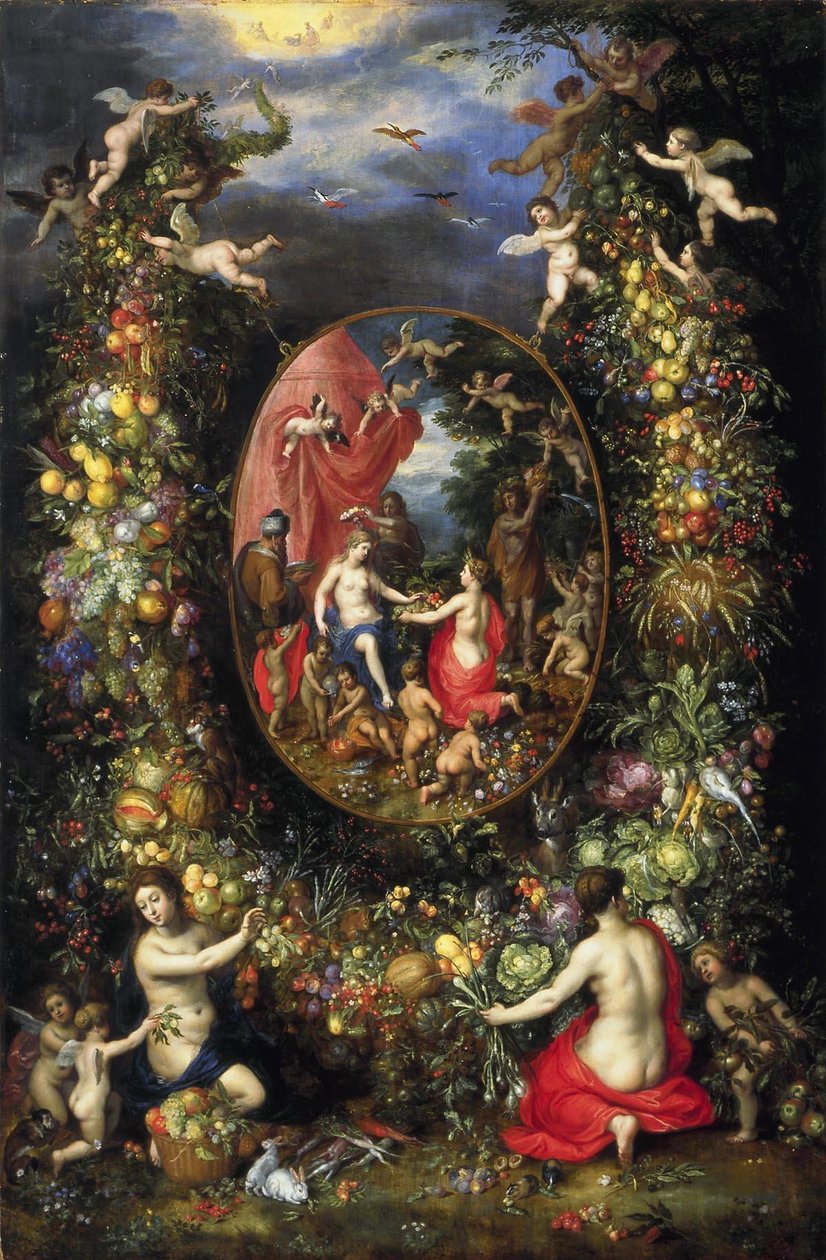 Kranz aus Früchten und Blumen um eine Allegorie auf die Landwirtschaft von Jan the Elder Brueghel