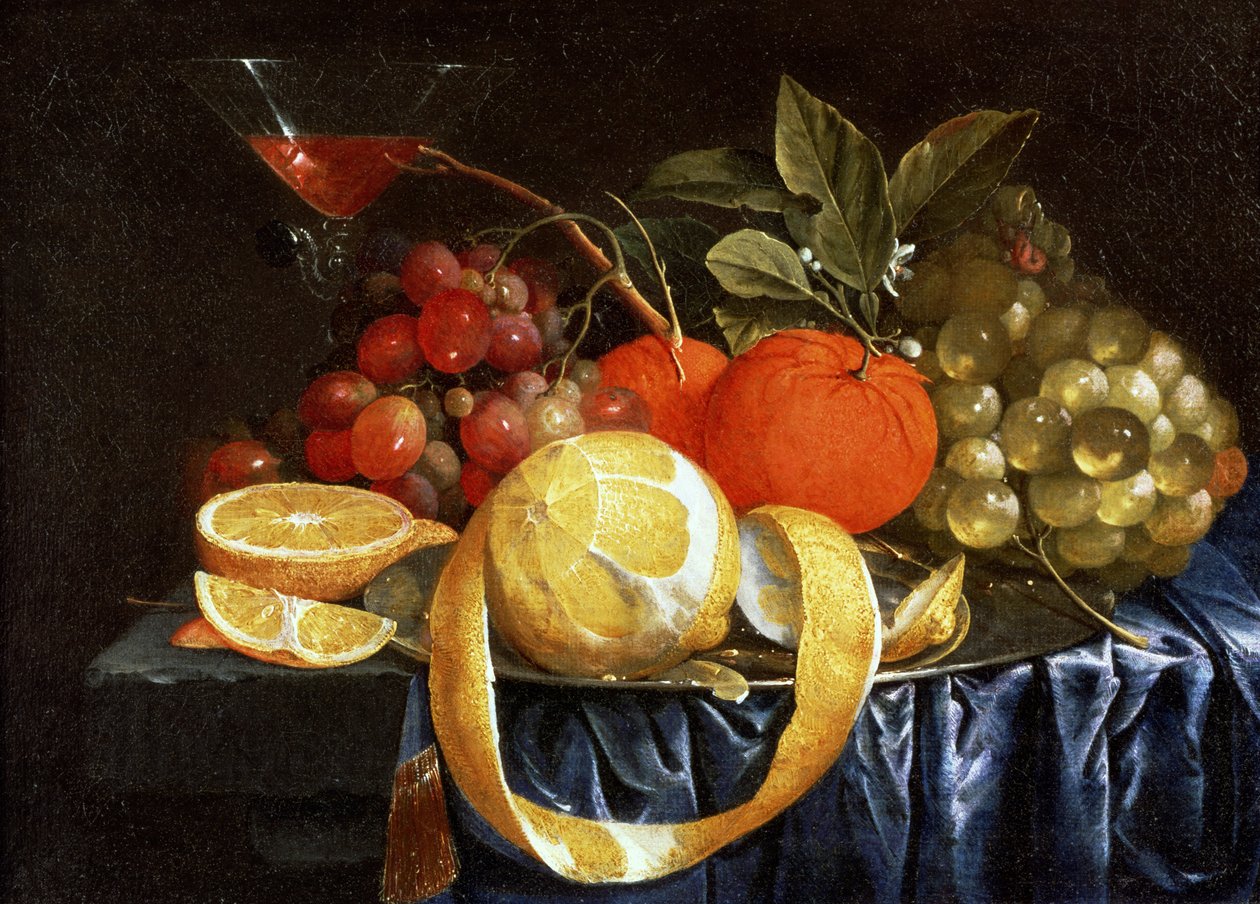 Stillleben mit Trauben, Orangen und einer geschälten Zitrone von Jan Pauwel the elder Gillemans