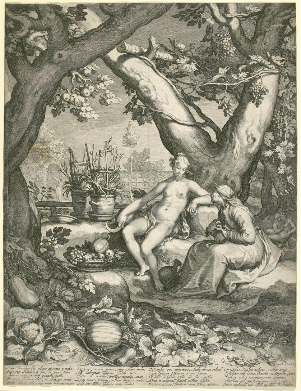 Vertumnus, der die Gestalt einer alten Frau annimmt, um Pomonas Liebe zu gewinnen von Jan Pietersz. Saenredam