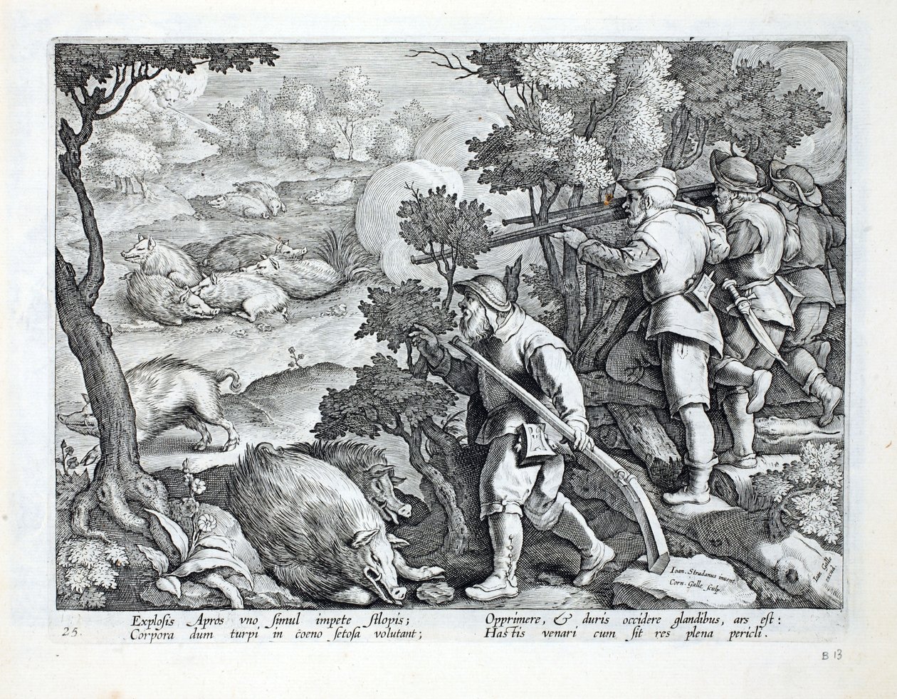 Jäger schießen Wildschweine, die im Schlamm wühlen, Illustration aus 