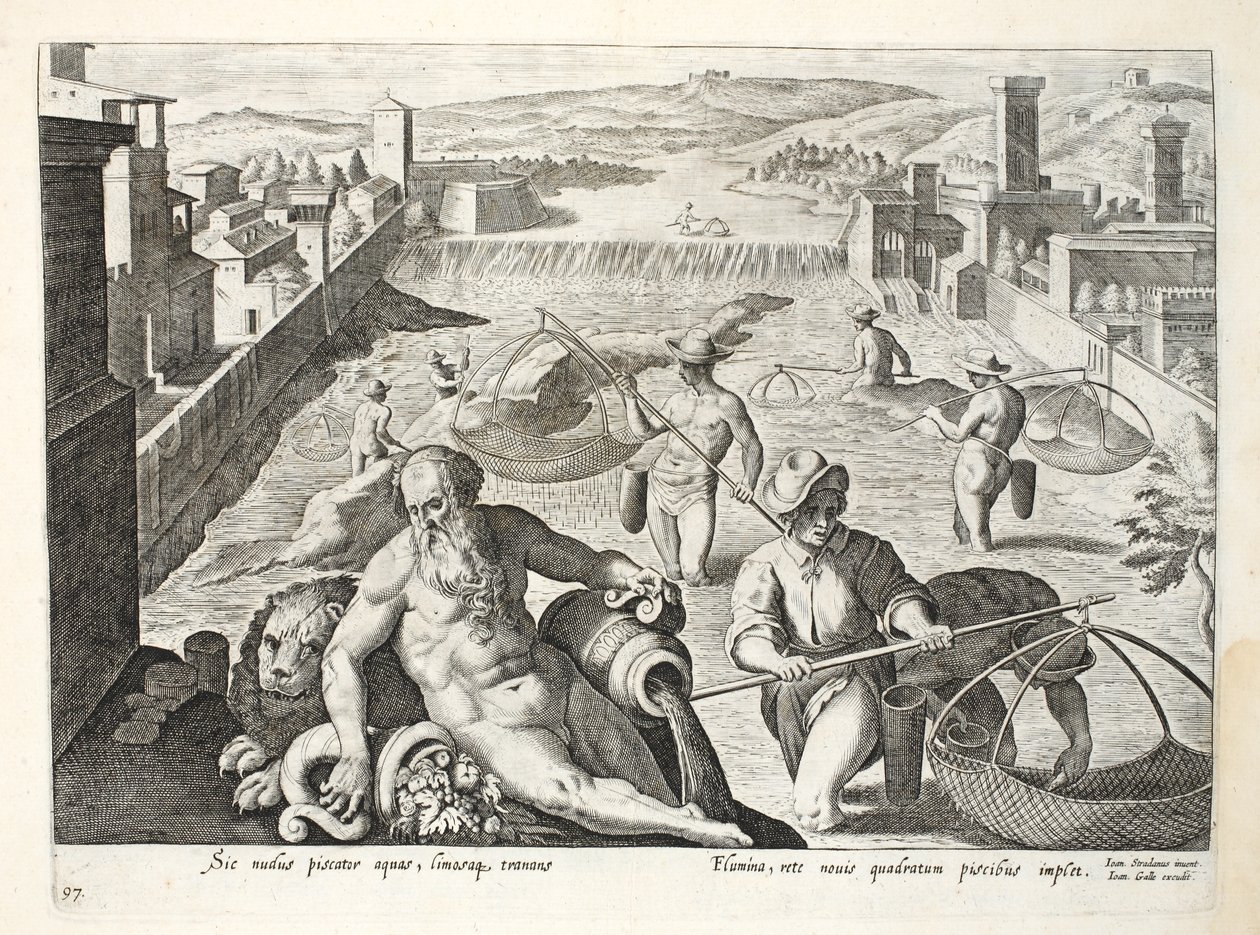 Methode zum Fangen von Fischen in flachem Wasser mit quadratischen Netzen, Illustration aus 