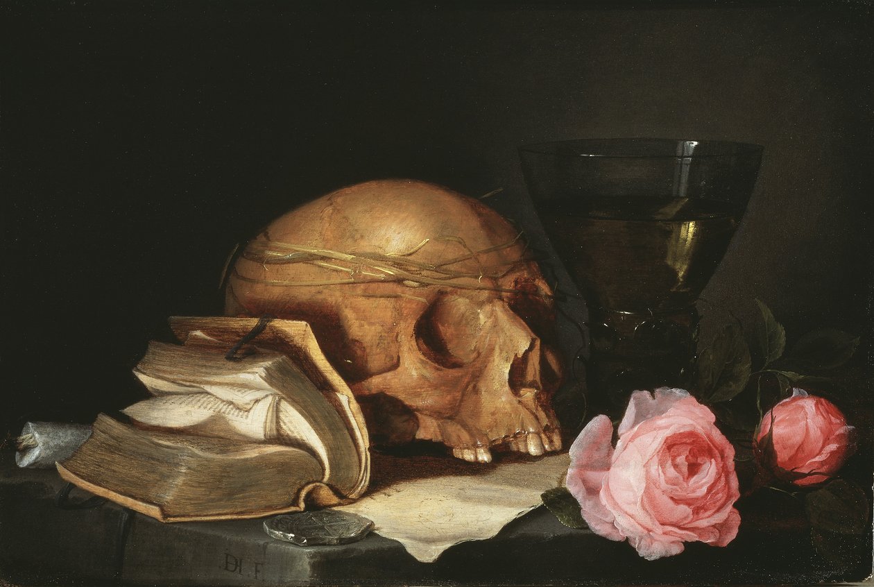 Ein Vanitas-Stillleben mit einem Schädel, einem Buch und Rosen, ca. 1630 von Jan Davidsz de Heem