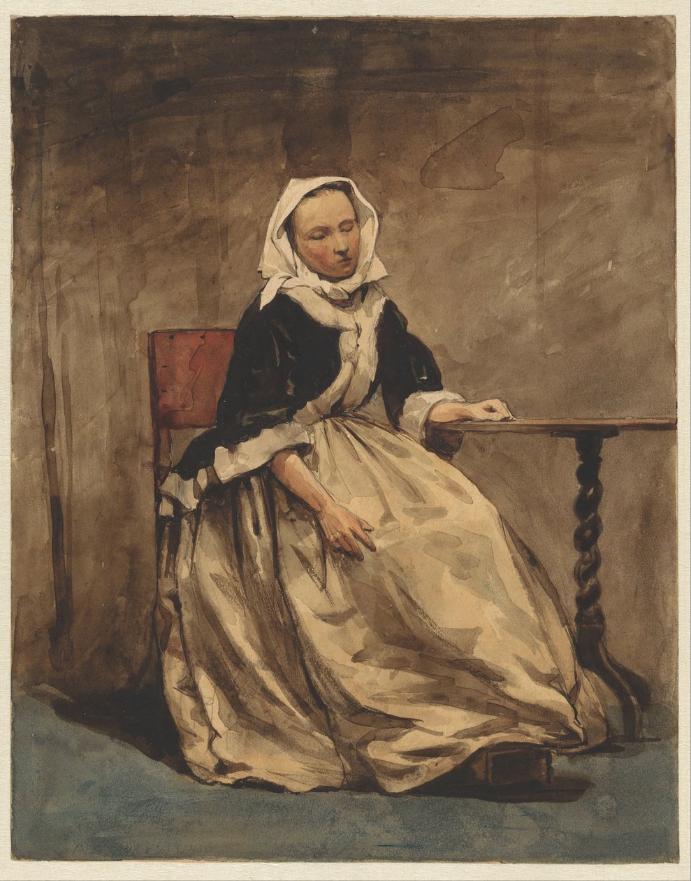 Sitzende Frau neben einem kleinen Tisch von Jan Weissenbruch