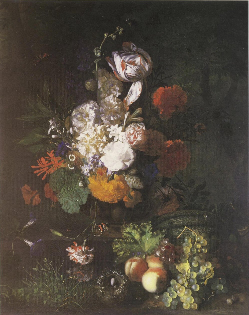 Blumenstück mit Früchten und Rasen von Jan van Huysum