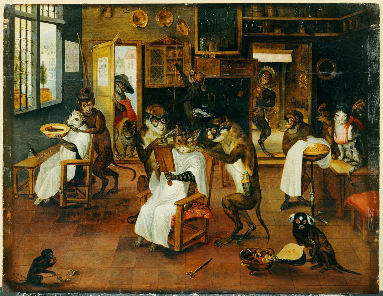 Eine Singerie: Affenfriseure bedienen Katzen von Jan van Kessel