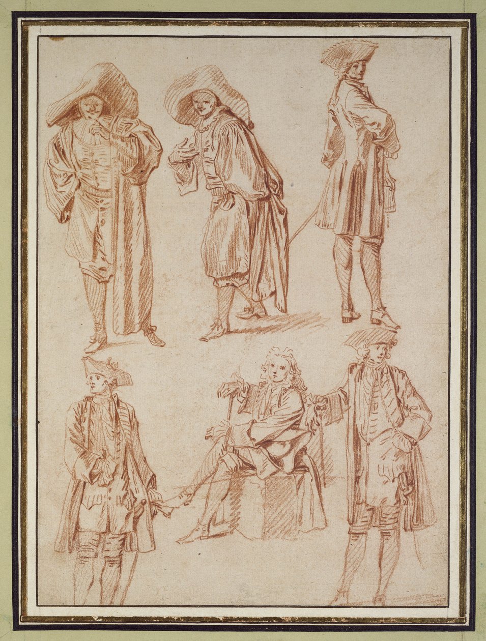 Zwei Studien des Doktors in der italienischen Komödie und vier Offiziere, drei stehend, einer sitzend von Jean Antoine Watteau