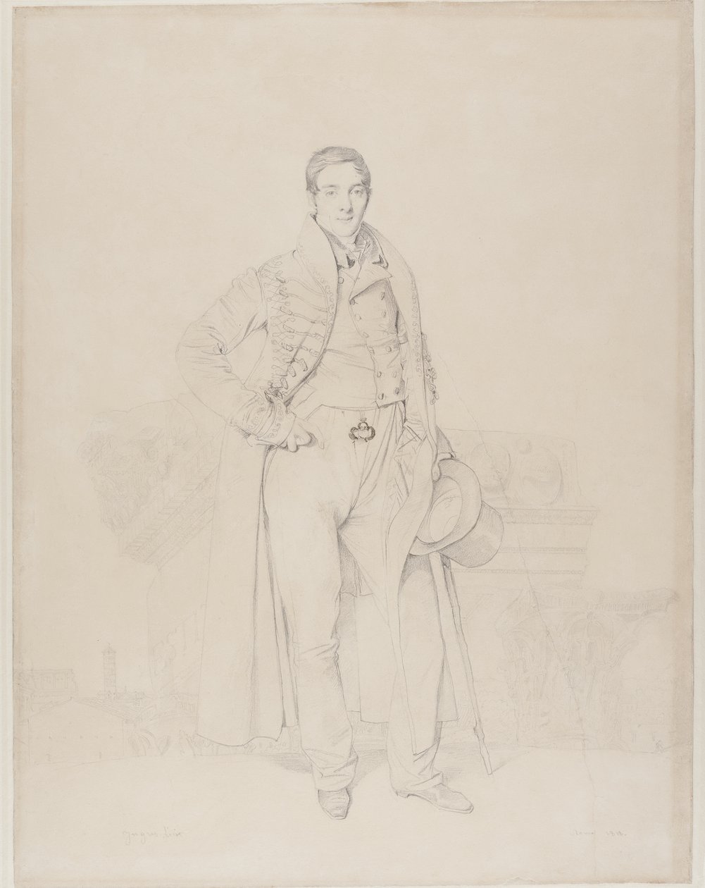 Porträt des Architekten Alexandre Bénard, ganzfigurig, mit Fragmenten klassischer Kapitelle, das römische Forum im Hintergrund, 1818 von Jean Auguste Dominique Ingres